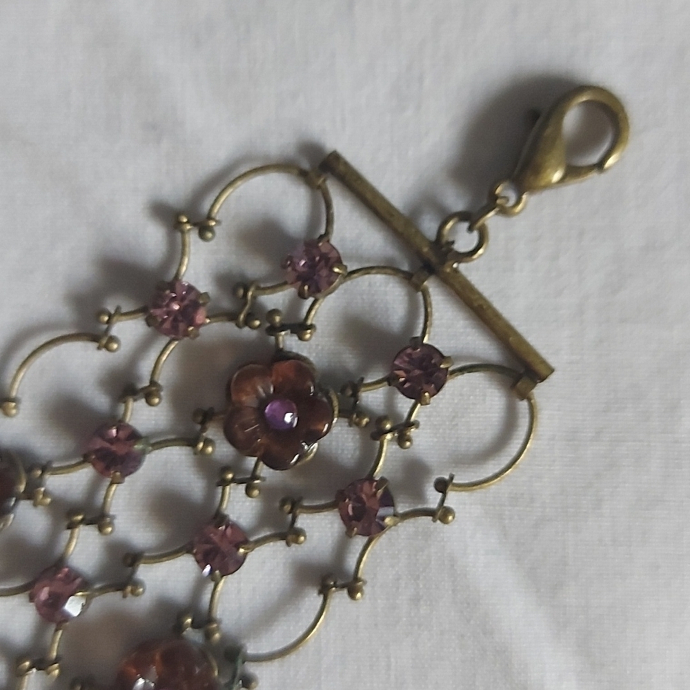 Vintage Purple Stone Flower and Rhinestone Filigree Chain Bracelet - Picture 4 of 7